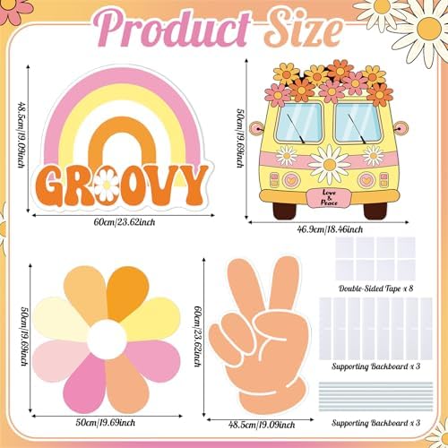 4 Pcs 24 Inch Large Hippie Photo Booth Props Retro Groovy Cardboard Cutout Party Decorations Boho Bus Daisy Peace Sign Hand Rainbow Frame Backdrop for 60s 70s Hippie Baby Shower Party Supply - Image 4