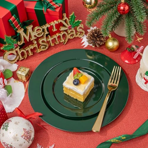 FLOWERCAT 200PCS Dark Green Plastic Plates Disposable Plates for Party - Heavy Duty Plastic Plates - 10" &7" Plate for 100 Guests New Year Parties and Events - Image 4