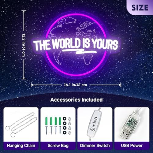 The World Is Yours Neon Sign Dimmable Carved Planet The World Is Yours LED Signs Purple Neon Sign for Bedroom Classroom Man Cave Game Room Birthday Christmas Gifts for Kids - Image 4