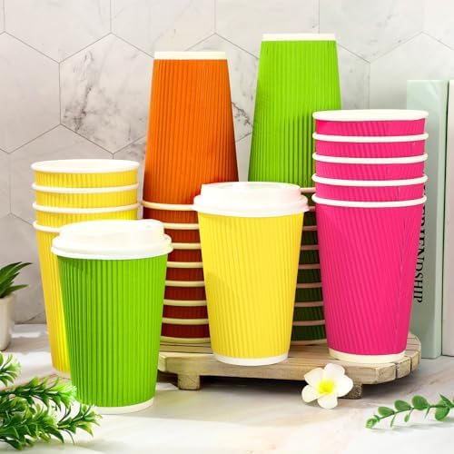 Whaline 100 Pcs Neon Color Disposable Coffee Cups with Lids 16 Oz Fluorescent Color Paper Cups Corrugated Ripple Wall Insulated Hot Cup for Home Office Party Supplies - Image 4