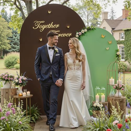 Brown Sage Green Arch Backdrop Cover Set of 2-7.2ft 6ft Dual Color Wedding Arch Covers-Wrinkle Free Stretchy Spandex Fitted Chiara Arch Stand Cover for Jungle Birthday Party Baby Shower Photography - Image 3