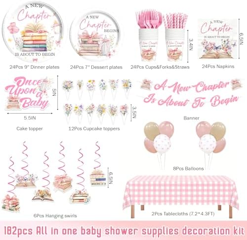 Party Inspo A New Chapter Begins Baby Shower Decorations, Storybook Baby Shower Supplies for Girl with Tableware, Plates, Napkins, Floral Tablecloth, Hanging Swirls, 24 Guests - Image 2
