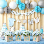 4 Set Baby Shower Centerpieces for Tables, 6 Inch Wooden Baby Letter Blocks with 12 Blue Artificial Peony Flowers, Cube Planter Boxes Gender Reveal Party Table Decor Home Decoration - Image 2