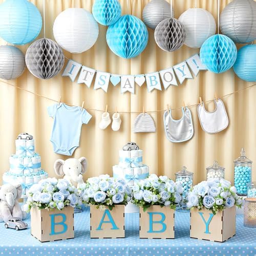 4 Set Baby Shower Centerpieces for Tables, 6 Inch Wooden Baby Letter Blocks with 12 Blue Artificial Peony Flowers, Cube Planter Boxes Gender Reveal Party Table Decor Home Decoration - Image 2