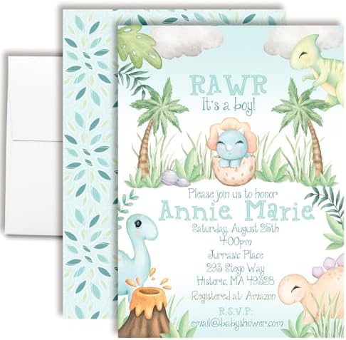 Custom Baby Shower Invites Blue Dinosaur Invitation for Boys, Pack of 20 5x7 Personalized Dinosaur Invites with Envelopes - Unique Dinosaurs Baby Shower Cards by AmandaCreation by AmandaCreation