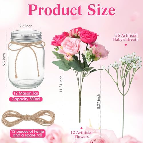 Zeyune 12 Sets Mason Jar Flowers Centerpiece Table Decorations,Pink Mix - Image 4