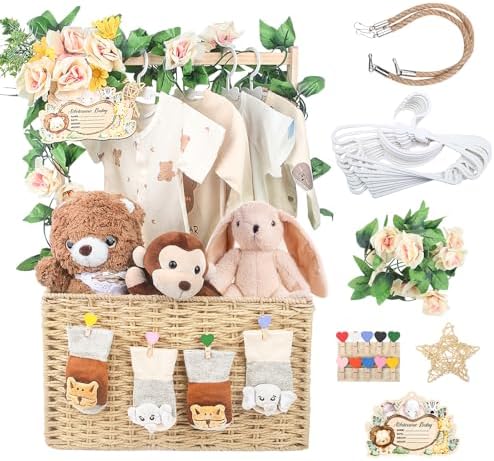 Wisreach Wooden Baby Shower Crate Closet, Foldable Handwoven Storage Basket for Baby Shower Gifts, Welcome Gift Basket for Newborn Boys Girls, Pregnancy Gifts for New Parents by Wisreach