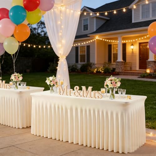 Champagne Table Cloth for 6 Foot Rectangle Tables Fitted Stretch Spandex Table Cover with Skirt 6ft Baby Shower Birthday Party Banquet Ruffle Tablecloth Wedding Table Cloths Desk Skirt, 6 Pack - Image 5