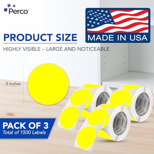 Perco Neon Yellow Perforated Round Circle Dot Sticker 3-Inch Labels — 3 Rolls, 1,500 Stickers - Price Signs, Alerts, Notes & Warning Labels, High Visibility - Made in USA - Image 2
