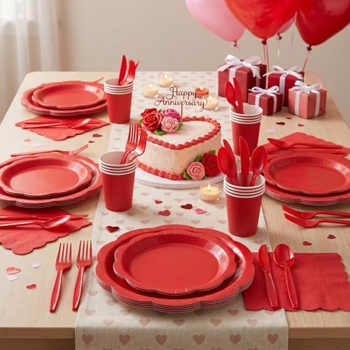 Red Party Supplies for 50 Guests, 350 Pcs Paper Plates and Napkins Set with Cups, Knives, Forks & Spoons, Thickened Decagonal Plates for Christmas Holiday Party Birthday Celebration - Image 2