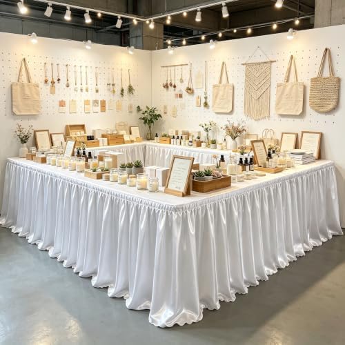 17ft Length Satin White Table Skirt Rectangle Tables,Wrinkle Resistant Ruffle Table Skirting Glitter Teacher Desk Cover Skirt for Dorm Office Birthday Party Wedding Buffet Displays Trade Shows by Partisky