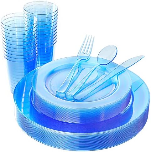 WDF 25 Guest Blue Plates with Disposable Silverware&Blue Cups-Neon Clear Plastic Dinnerware include 25 Dinner &Salad Plates,25Forks, 25 Knives, 25 Spoons,25 Cups for Graduation by WDF