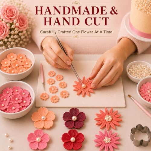 CONFECT Handmade Edible Gum Paste Flower Decorations – Vintage Blossom Collection – 60 Piece Assorted Sugar Flower Set with Pearl Centers, Hand Cut Cake Flowers for Cakes, Cupcakes & Desserts - Image 5