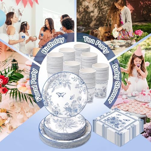 Ziliny 350 Pcs Blue White Floral Party Supplies Serves 50 Disposable Paper Blue Flower Paper Plates Napkins Cups Plastic Cutlery Vintage Floral Tableware Set for Wedding Birthday Bridal Tea Party - Image 3