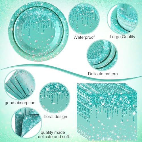 Funnymoom 452 Pcs Teal Glitter Party Decoration Supplies Serve 50 Guests - Image 3