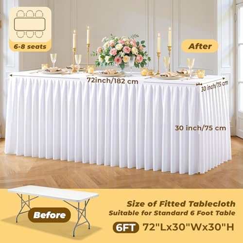 White Polyester Table Cloths for Rectangle 6 Foot Tables, 1 Pack Wrinkle Free Tablecloths Stretchy Banquet Ruffle Fitted Table Cover Desk Skirt for Parties Wedding Birthday Baby Shower - Image 4
