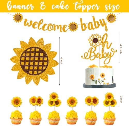Hombae Sunflower Baby Shower Decorations, Baby Shower Decorations, Sunflower Themed Balloon It’s a Girl Backdrop Welcome Baby Glitter Banner Box Cutouts Cake Topper Daisy Sunflower Gold Yellow - Image 3