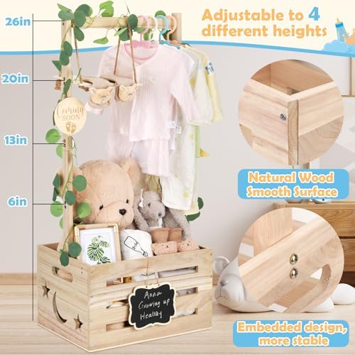 Wooden Baby Shower Crate Closet with Adjustable Handle & Garland, Large Personalized Baby Shower Basket Clothes Hangers Rack Storage Box, Pregnancy Gifts for New Parents Newborn Boy Girl - Image 5