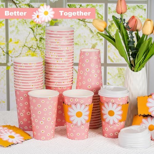50 Pack 16oz Pink Daisy Disposable Coffee Cups with Lids & Sleeves – Premium Paper for Mother's Day,Baby Shower, Birthday,Wedding, bridal showers, Brunch, Cafés,Party Supplies - Image 3