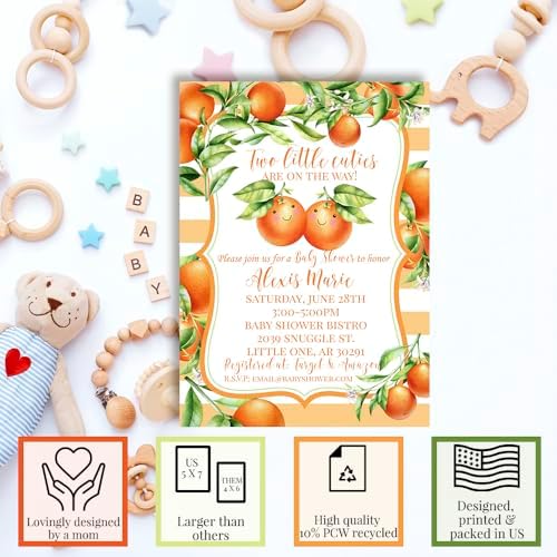 Amanda Creation Two Little Cuties Twin Baby Shower Invitations, Two Little Cuties Baby Shower Invitations, 20 Personalized 5x7 Double-Sided Cards with White Envelopes, Made in USA - Image 2