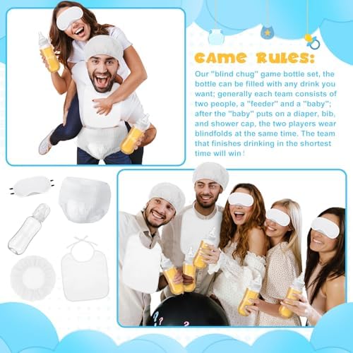 6 Sets Bottle Chug Baby Shower Blind Games Juegos Para Include Plastic Bottles Bibs Hat Eye Mask Disposable Diapers Blindfolded Baby Shower Bottle Games Gender Reveal Decoration (White) - Image 4