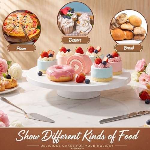 Wenqik 14 Inch Metal Cake Stand with Cake Knife and Spatula, Round Dessert Table Display Stand Metal Dessert Tray Serving Platter for Party, Wedding, Birthday, Baby Shower, Anniversary(White) - Image 4