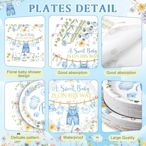 400 Pcs Blue Wildflower Boy Baby Shower Party Decoration for 50, a Sweet Baby Is on His Way Floral Paper Plates Napkins and Cups Cutlery Tableware Set for Boy Shower Party Supplies - Image 2