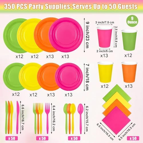 Kochorie 350 Pieces Neon Dinnerware Set, 7 & 9 inch Dessert Paper Plates Cups Napkins Plastic Cutlery Disposable Party Supplies for Neon Glow Party Birthday Baby Shower Wedding, Serve 50 Guests - Image 2