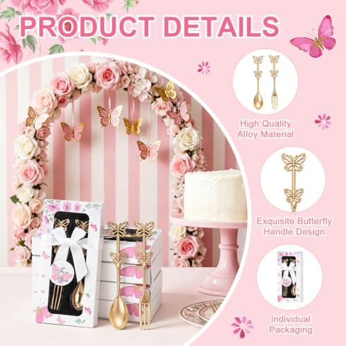 30 Pcs Butterfly Wedding Forks and Spoon Set with Pink Gift Box - Image 3