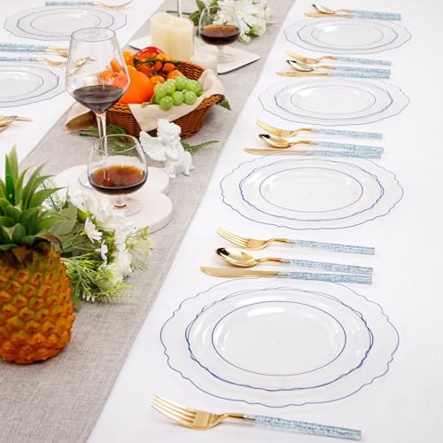 Liacere 150PCS Clear and Blue Plastic Plates-Clear and Blue Disposable Plates with Glitter Bamboo Handle Cutlery-60 Baroque Elegant Plates, 30 Forks, 30 Spoons, 30 Knives for Wedding & Party & Summer - Image 4