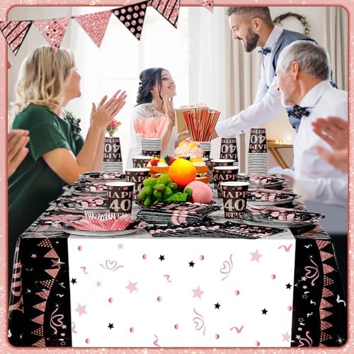 Funnymoom 452 Pcs 40th Birthday Decorations for Women Black and Rose Gold 40th Birthday Paper Plates Cups Napkins Tablecloth Cutlery Straws for Girls Women 40 Year Old Party Supplies for 50 Guests - Image 5