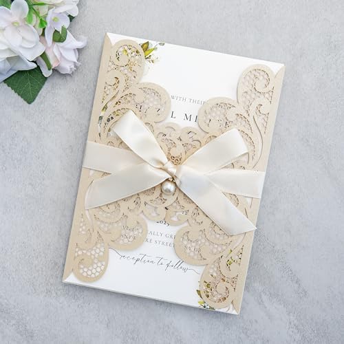 20Pcs Champagne Laser Cut Wedding Invitation Cards With Envelopes - Image 2
