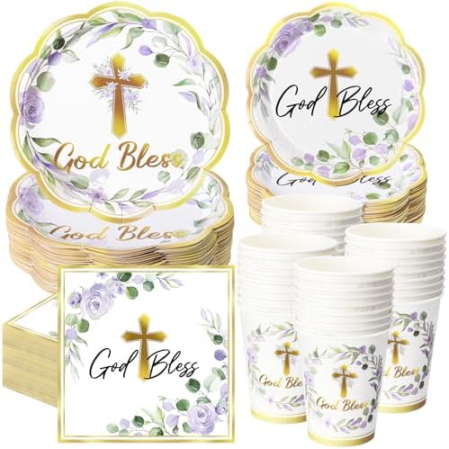 Ziliny 250 Pcs God Bless Baptism Party Tableware Set for 50 Guest First Holy Communion Decorations Purple Eucalyptus Leaves Paper Plates Napkins and Cups for Christening Baby Shower Religious by Ziliny