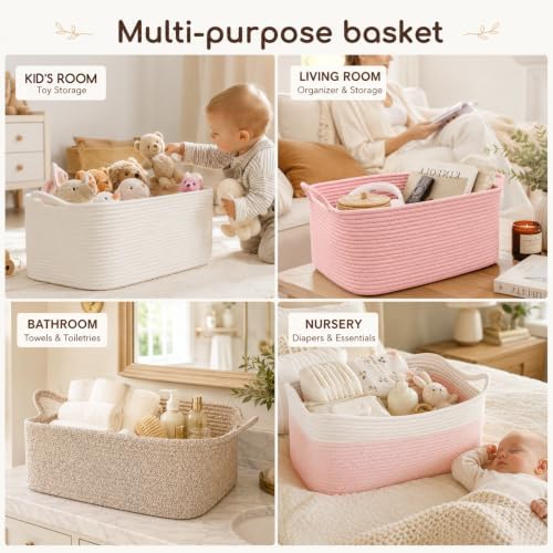 OIASKET Large Empty Cotton Rope Gift Basket with Handles, 16.5"x12.6"x7" Decorative Woven Storage Basket with Gift Bag and Ribbon Set for Baby Shower, Toy Organizer for Kids, Dogs & Cats - Brown - Image 5