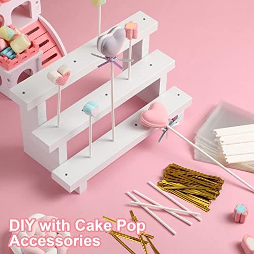 Tuanse 2 Pack Wooden Cake Pop Stand 3 Tier Cake Pop & Lollipop Display Holder with 100 Treat Bags Lollipop Sticks and Gold Twist Ties for Dessert Table Wedding Baby Shower Birthday Party(Wood) - Image 6