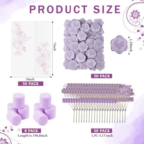 Fullhawl 50 Sets Wedding Invitations Wraps Set Pre Folded Vellum Jackets for 5 x 7 Invitations Dried Flowers Wax Seal Stickers Chiffon Silk Ribbon for Wedding Birthday Bridal Shower Craft DIY (Purple) - Image 2