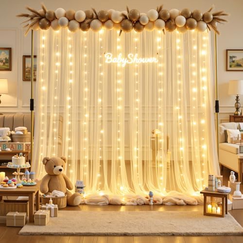 Champagne Tulle Photo Backdrop Curtain with Lights String for Parties Wedding Bridal Shower Sheer Champagne Curtain Backdrop for Birthday Baby Shower Photo Booth Photography 20ft x 8ft - Image 6