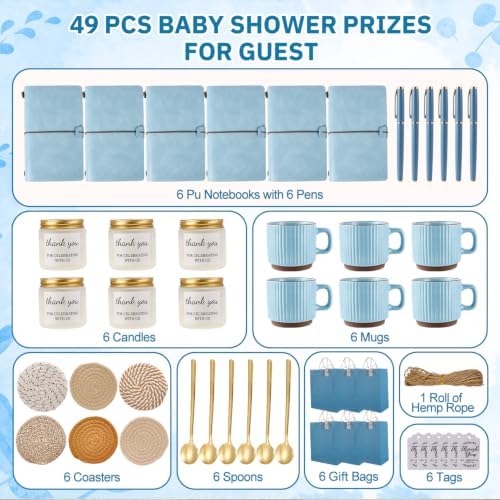 Baby Shower Prizes for Game Winners Baby Shower Games Prizes Ceramic Mugs with Metal Spoons Woven Coasters Notebooks Scented Candles Gift Bags Wedding Bridal Shower Favors for Guests (6, Blue) - Image 4