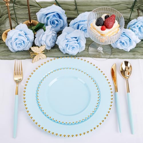 Supernal 102Pcs Gold Plastic Cutlery with Mint Green Handle for Party - Image 4