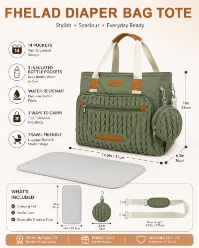 FHELAD Diaper Bag Tote for Women, Baby Diaper Bag Set (Sage Green) - Image 4