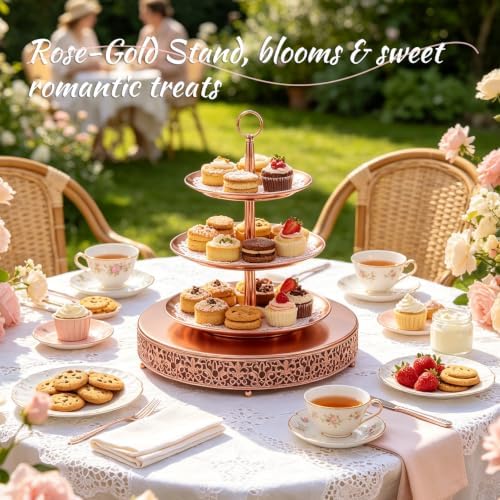 12 Inch Rose Gold Cake Stand, Round Metal Dessert Display with Ornate Filigree Lace, Dual‑Coated Premium Finish for Wedding, Anniversary & Elegant Home Decor - Image 4