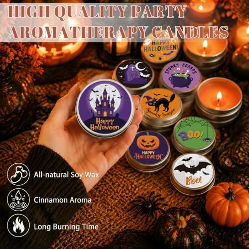 Treela 24 Pcs Halloween Pumpkin Scented Tin Candles Cinnamon Spice Fall Mini Soy Candles in Round Metal Tins, 5x2cm Small Halloween Candle Favors for Party Decorations - Image 5