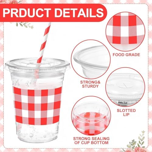 Sliner 50 Sets 16oz Red White Gingham Party Plastic Cups - Image 2