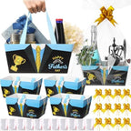 Funnymoom 24 Pcs Happy Father's Day Basket for Gifts Empty 9.8x6.5'' Blue Black Men's Suits Dad Gift Market Tray Cardboard Basket with Handle, Transparent Bag and Gold Bows for Holiday Birthday Party by Funnymoom