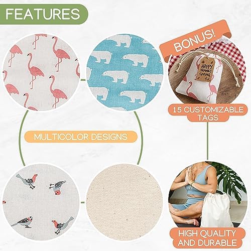 12 PCS Reusable gift bags with drawstring + 15 gift tags | Fabric gift bags in 3 Sizes | Gift wrapping alternative, storage bags, travel & party favor bags. 8th Ed. - Image 4