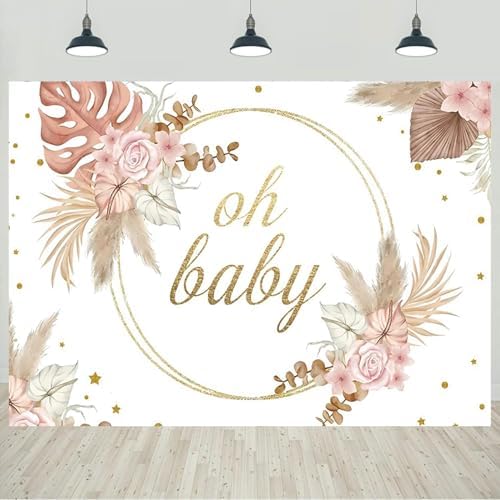 15x8ft Baby Shower Backdrop Boho Bohemian Floral Oh Baby Gold Dots Pampas Grass Photography Background Girls Baby Shower Party Decorations Banner Supplies Photo Studio Props by CkihgennDecors