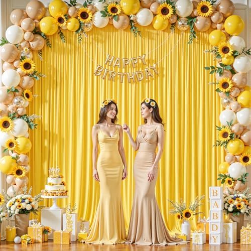 16ftx10ft Wrinkle Free Yellow Backdrop Curtain - 10 Feet Photography Backdrop Drapes, Silky Polyester Back Drop Cloth for Wedding Baby Shower Balloon Arch Background - Image 2