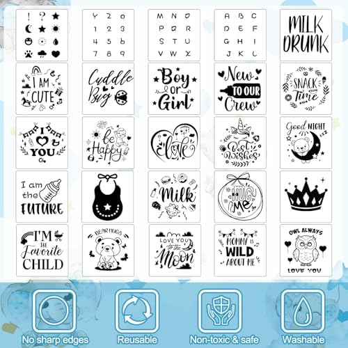 Panitay 126 Pcs Baby Shower DIY Bodysuit Set Bib 25 Blank White Newborn Bodysuit 25 Stencils 24 Marker 1 Sign 50 Pins(Blue Elephant) - Image 6
