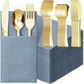 Gueevin 50 Set Linen Napkins with Plastic Cutlery Dusty Blue and Gold by Gueevin