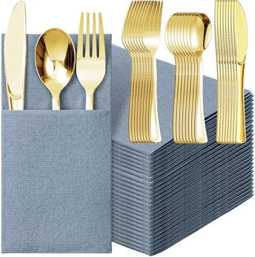 Gueevin 50 Set Linen Napkins with Plastic Cutlery Dusty Blue and Gold by Gueevin